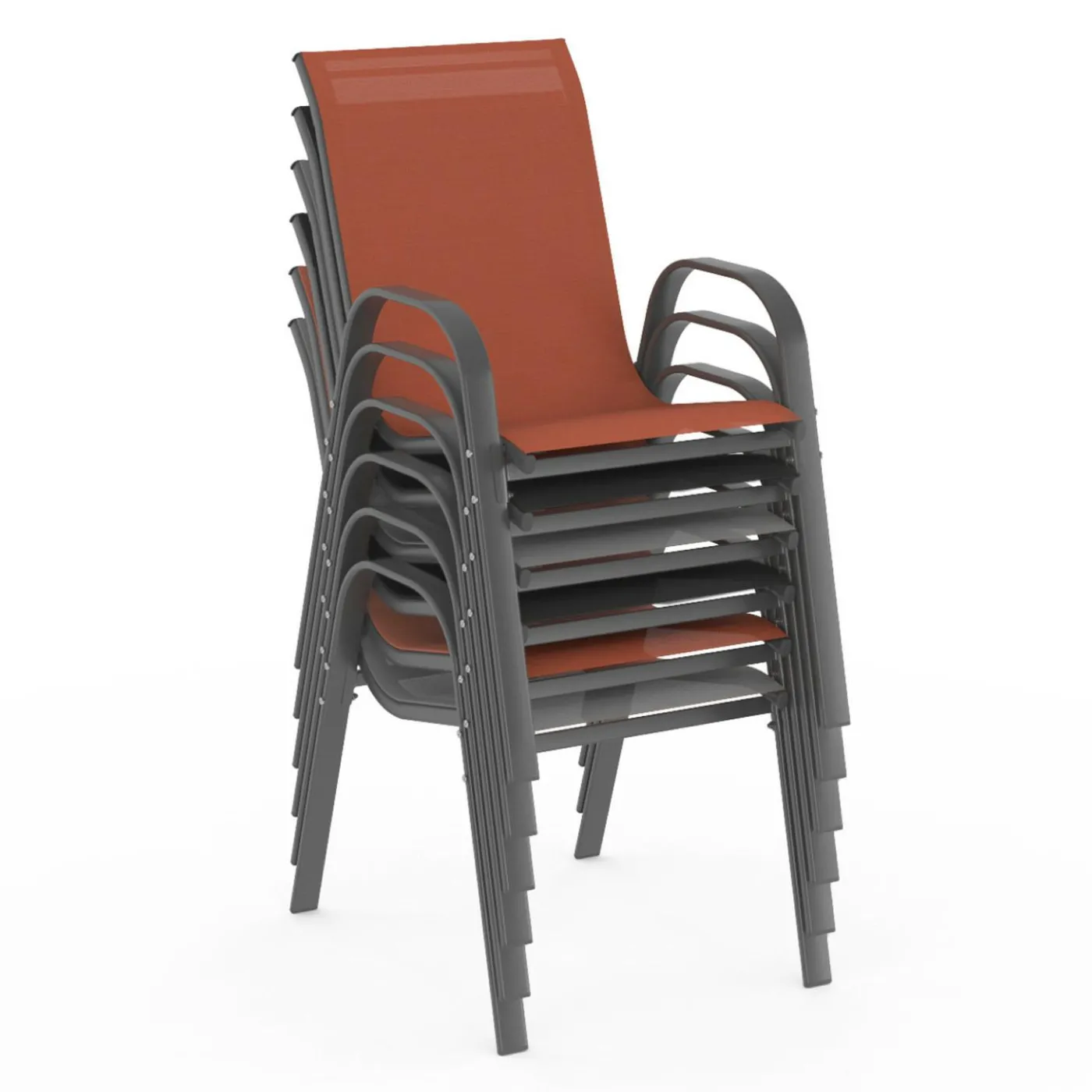 6 chaises de jardin en métal et textilène gris, noir et terracotta empilables
