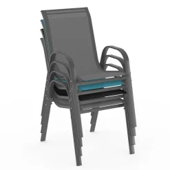 4 chaises de jardin en métal et textilène gris, noir et bleu