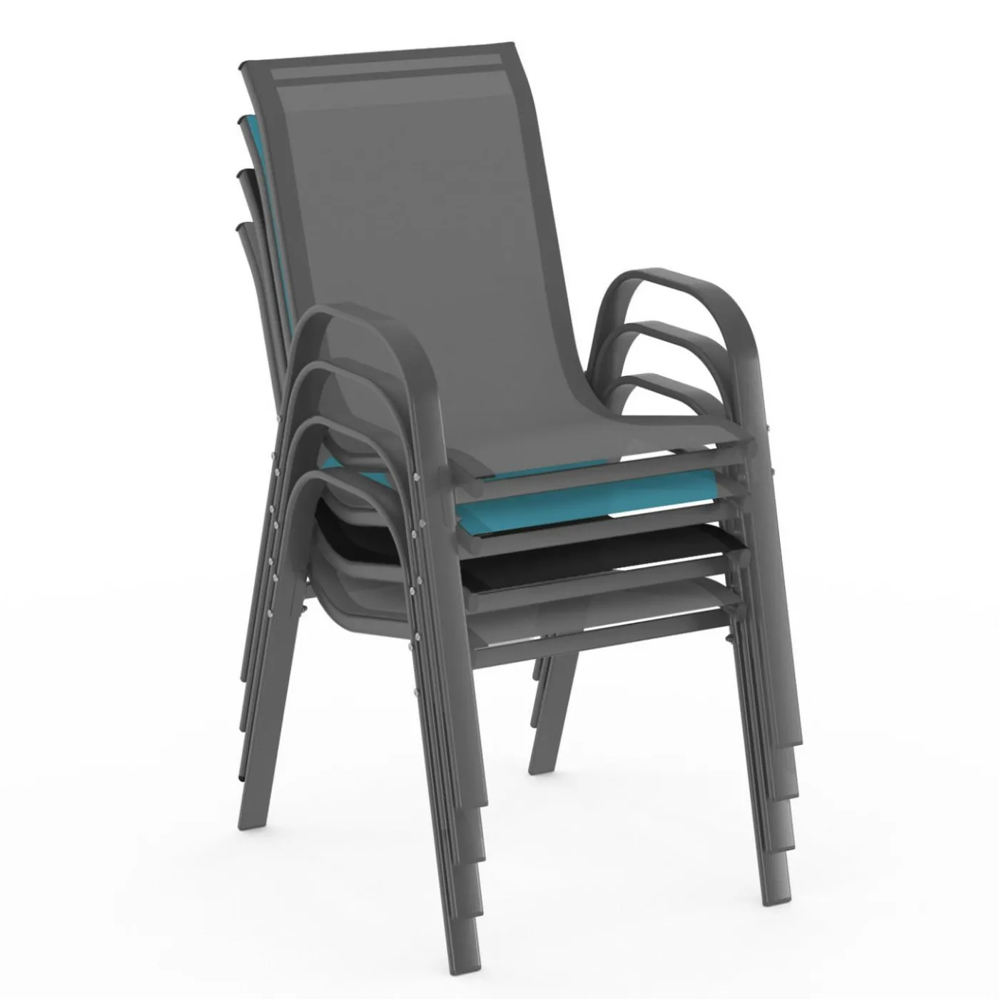 4 chaises de jardin en métal et textilène gris, noir et bleu