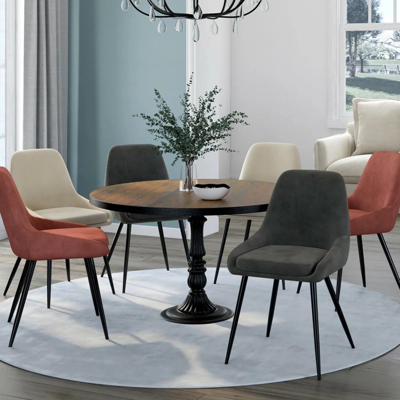 6 chaises en velours mix color gris, terracotta et beige