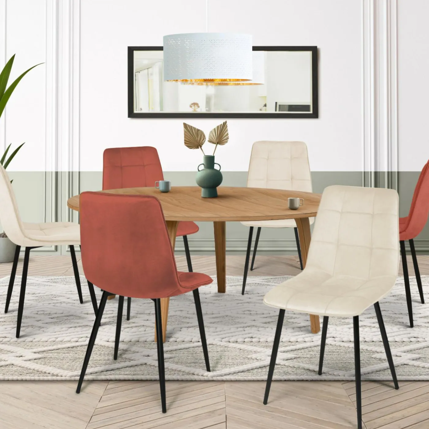 6 Chaises en velours mix color terracotta et beige