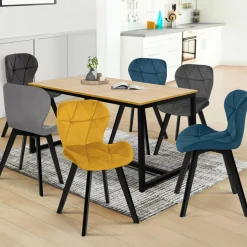 6 Chaises en velours mix color bleu, gris et jaune