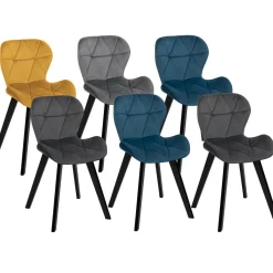 6 Chaises en velours mix color bleu, gris et jaune