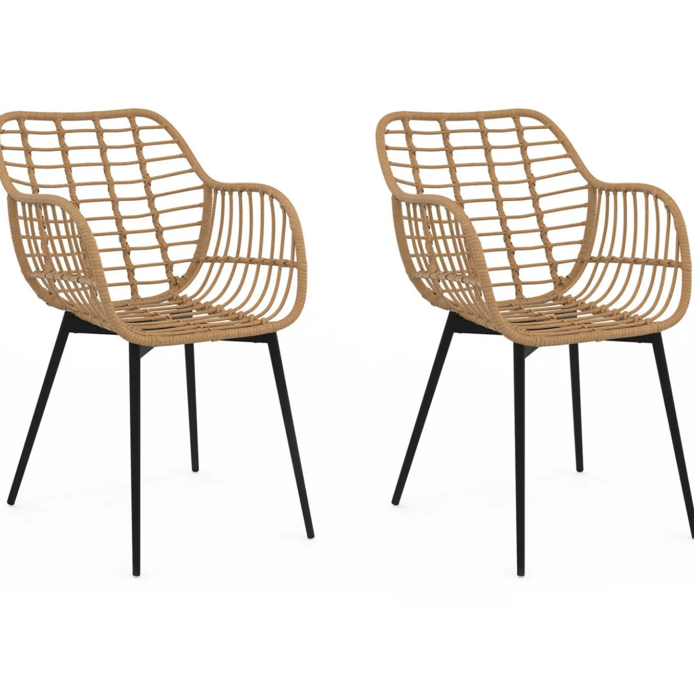 2 fauteuils de table effet rotin et pied métal noir