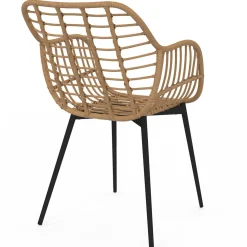 2 fauteuils de table effet rotin et pied métal noir