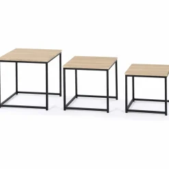3 tables basses gigognes bois et métal carrées