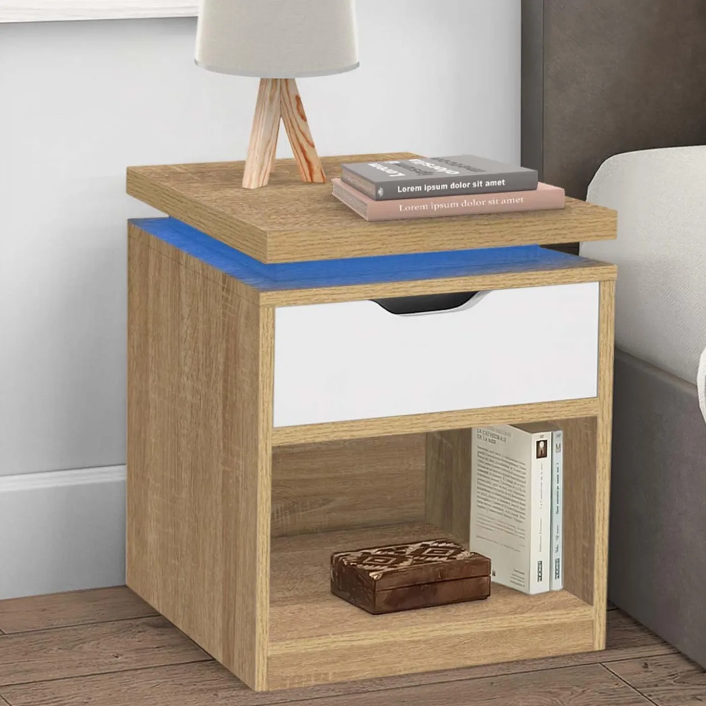2 tables de chevet à LEDS tiroir et niche bois façon hêtre et blanc