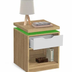 2 tables de chevet à LEDS tiroir et niche bois façon hêtre et blanc