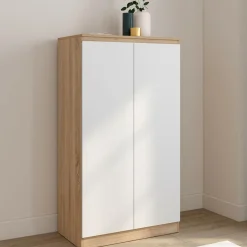 Armoire à chaussures 18 paires 2 portes blanc et effet bois