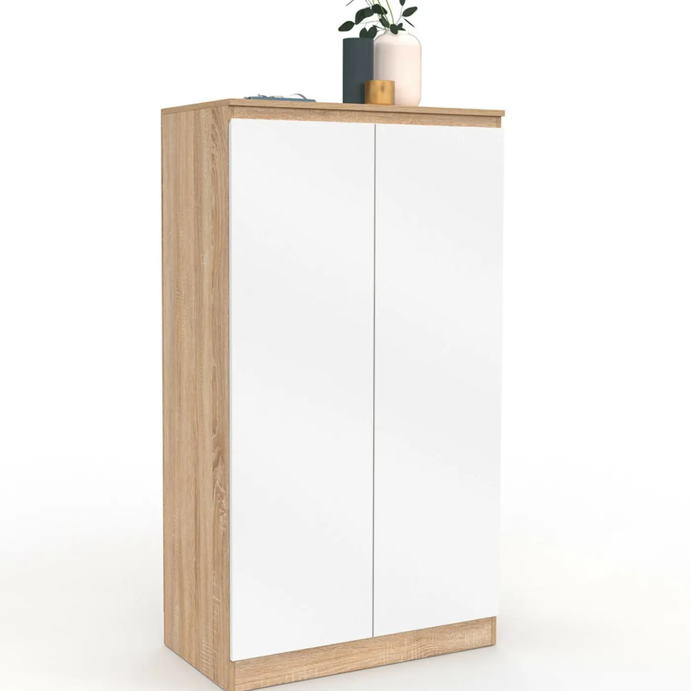 Armoire à chaussures 18 paires 2 portes blanc et effet bois