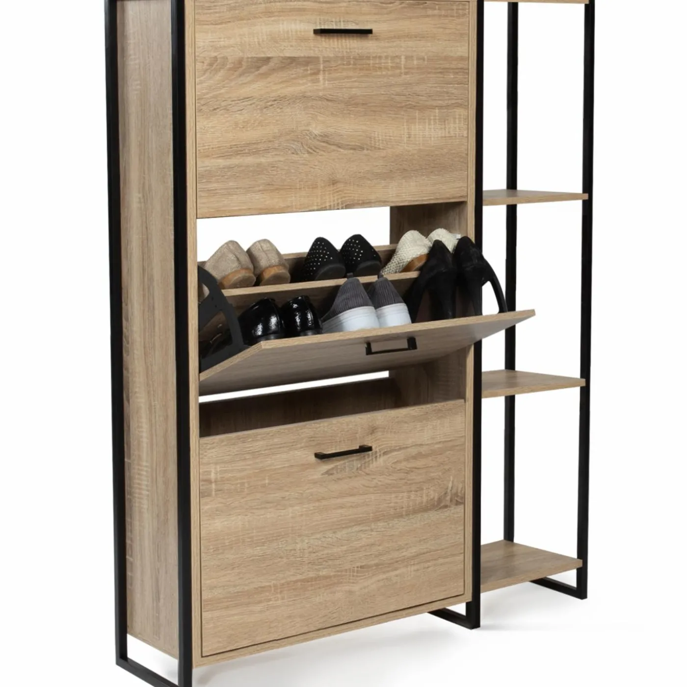 Armoire à chaussures bois imitation hêtre et métal noir