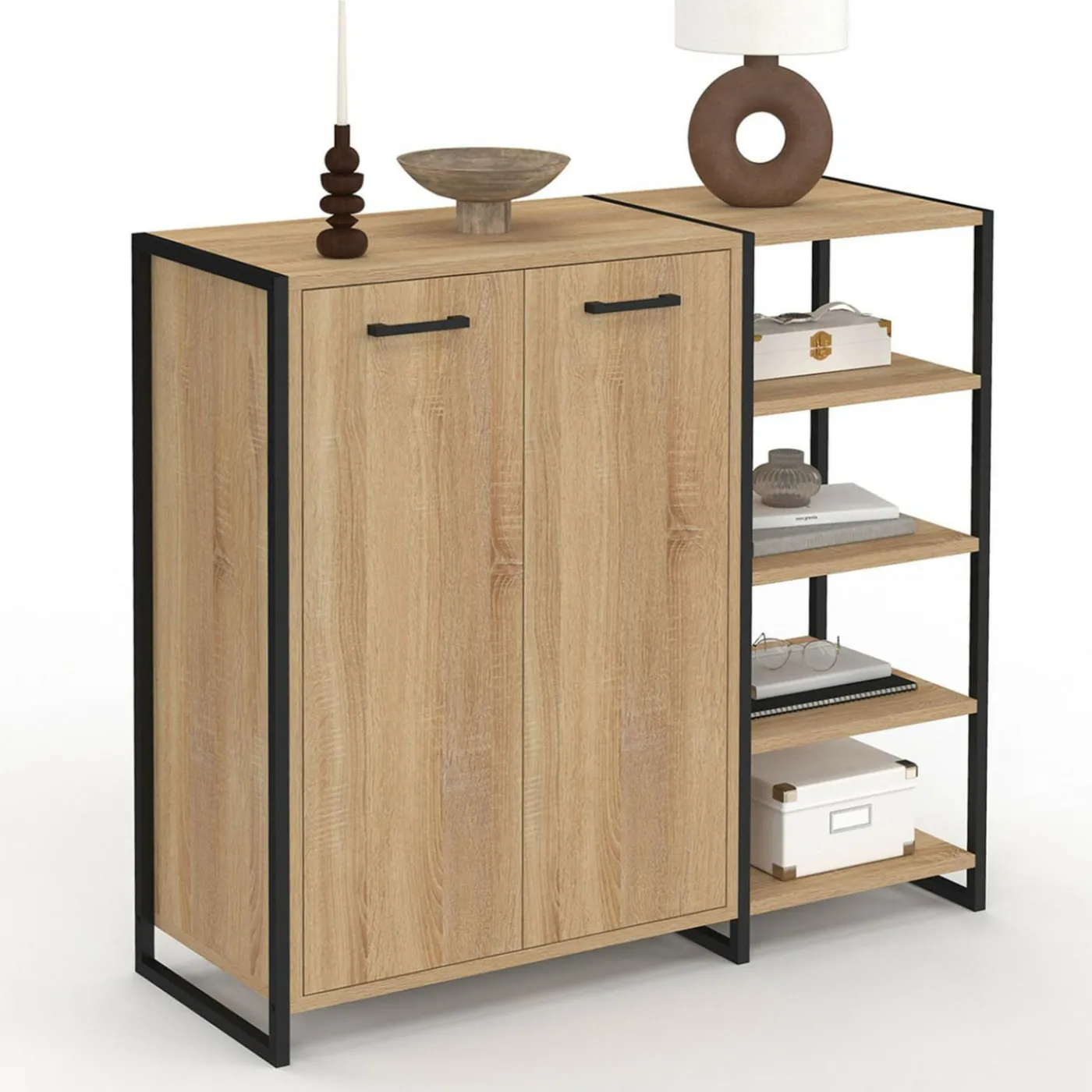 Armoire à chaussures design industriel 12 paires 2 portes et 4 étagères