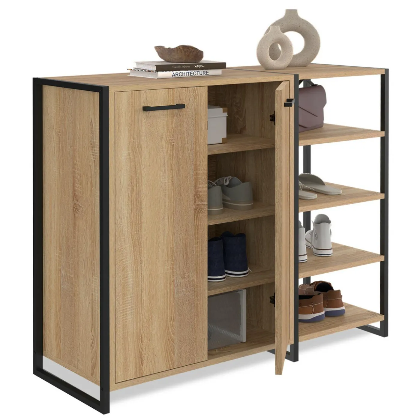 Armoire à chaussures design industriel 12 paires 2 portes et 4 étagères