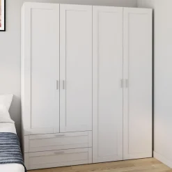 Armoire 4 portes blanche dressing penderie et 2 tiroirs 160 cm