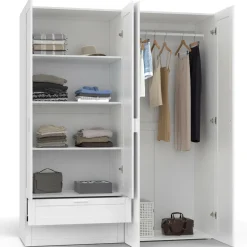 Armoire 4 portes blanche dressing penderie et 2 tiroirs 160 cm