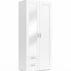 Armoire 2 portes blanche penderie avec miroir et 2 tiroirs 80 cm