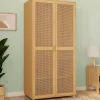 Armoire 2 portes cannage et bois penderie 80 cm avec étagères de rangement