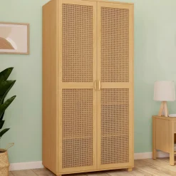 Armoire 2 portes cannage et bois penderie 80 cm avec étagères de rangement