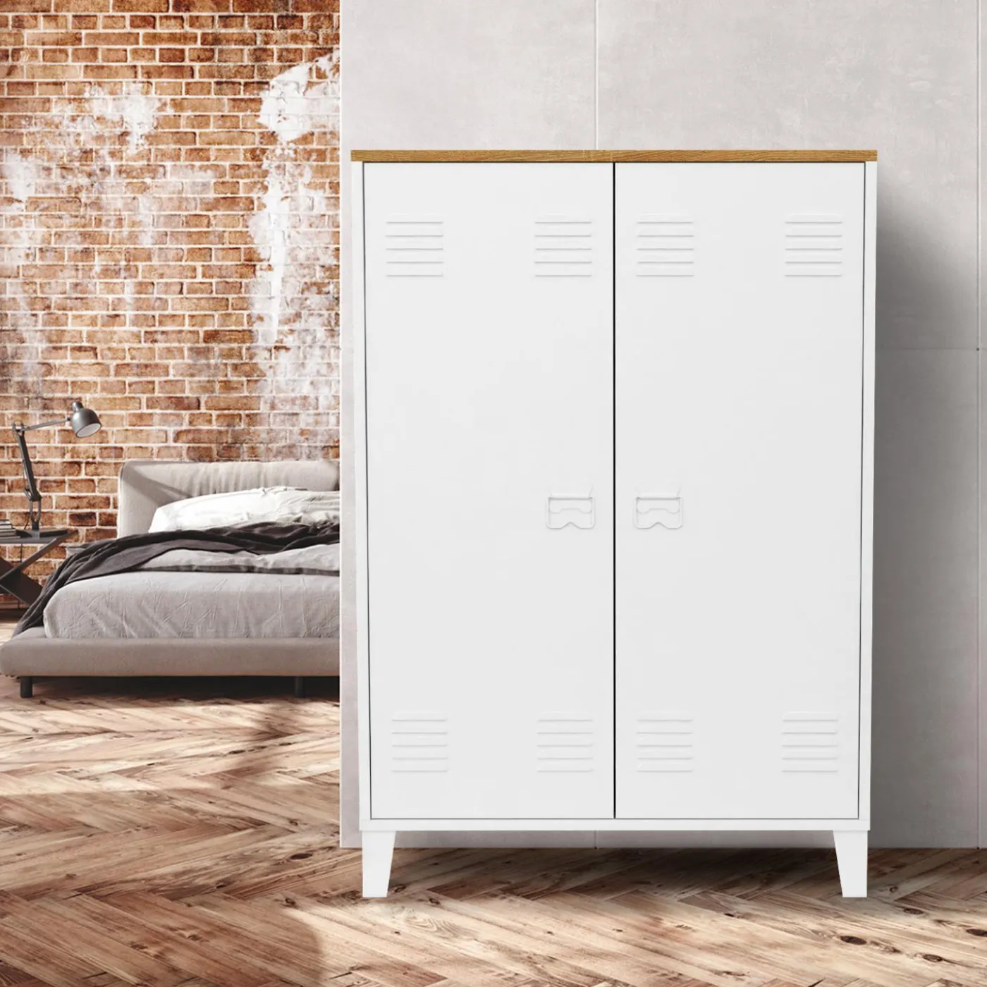 Armoire basse industrielle 2 portes métal noir et plateau bois