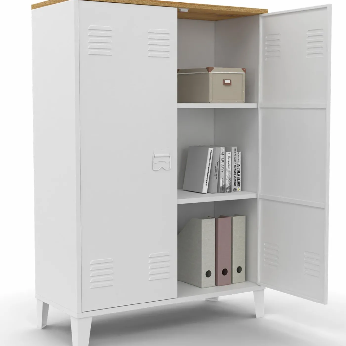 Armoire basse industrielle 2 portes métal noir et plateau bois