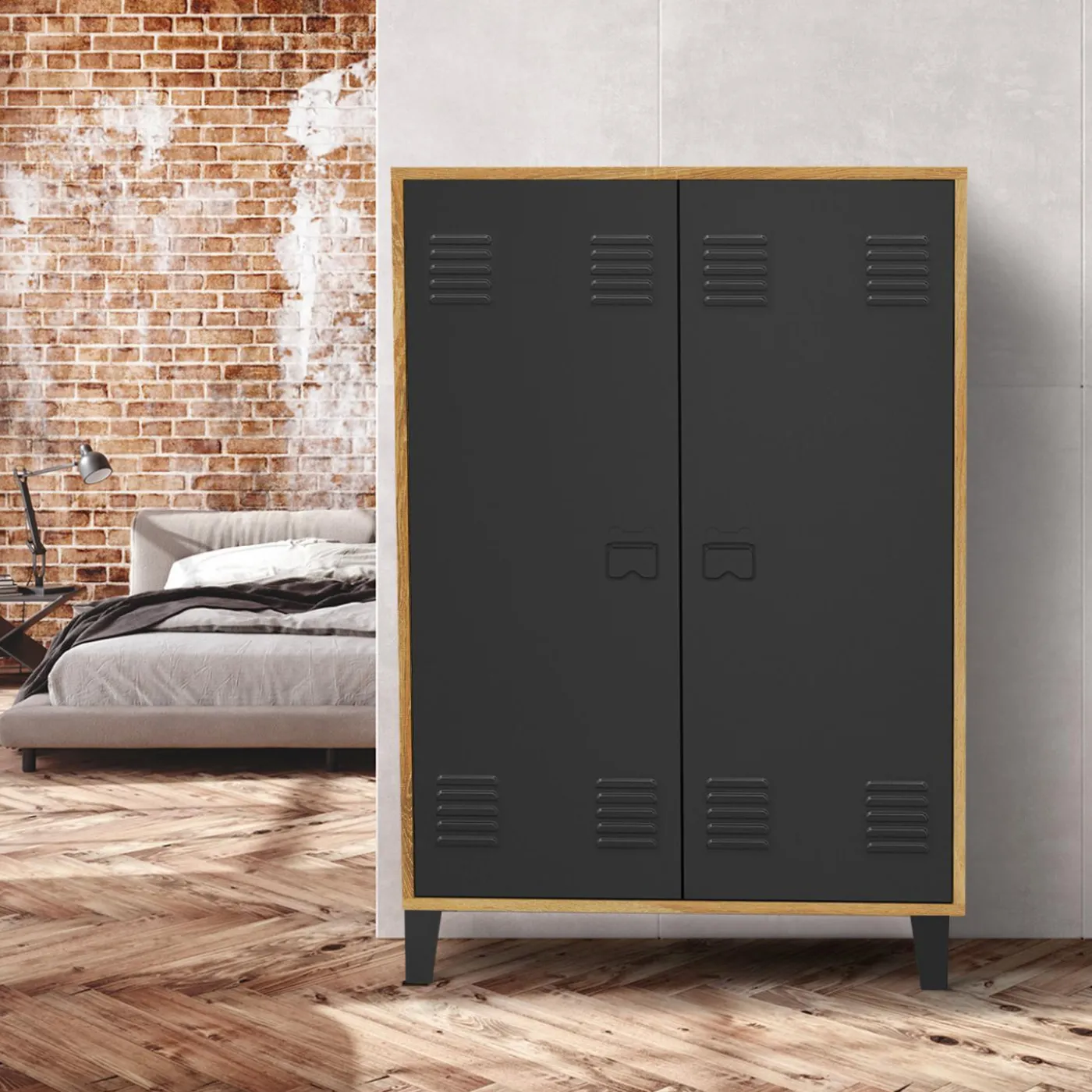 Armoire basse industrielle 2 portes métal noir et contour bois