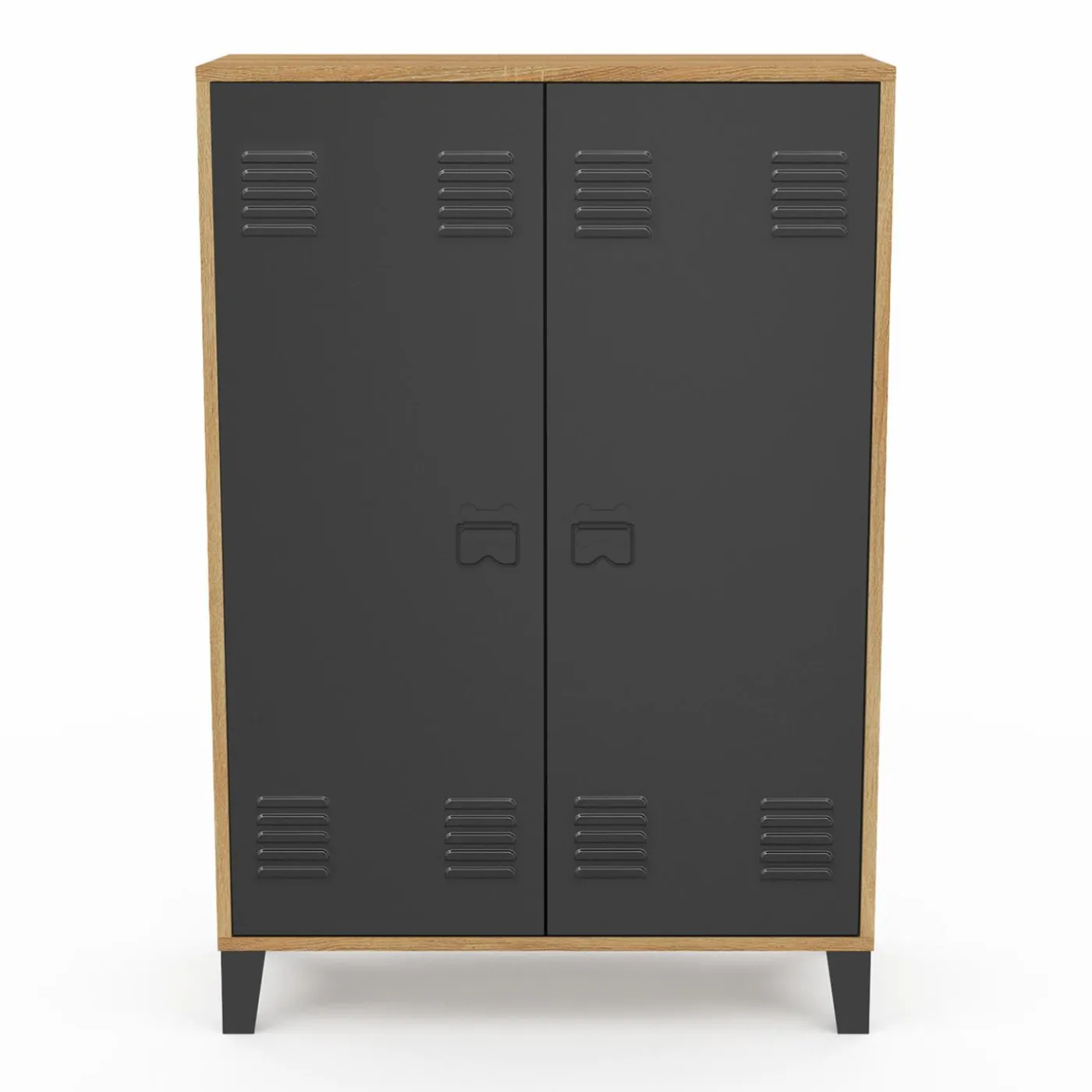 Armoire basse industrielle 2 portes métal noir et contour bois