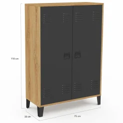 Armoire basse industrielle 2 portes métal noir et contour bois