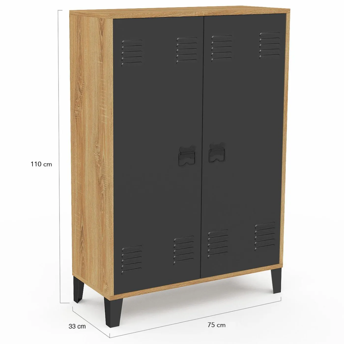 Armoire basse industrielle 2 portes métal noir et contour bois