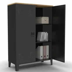 Armoire basse industrielle 2 portes métal noir et plateau bois