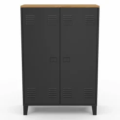Armoire basse industrielle 2 portes métal noir et plateau bois