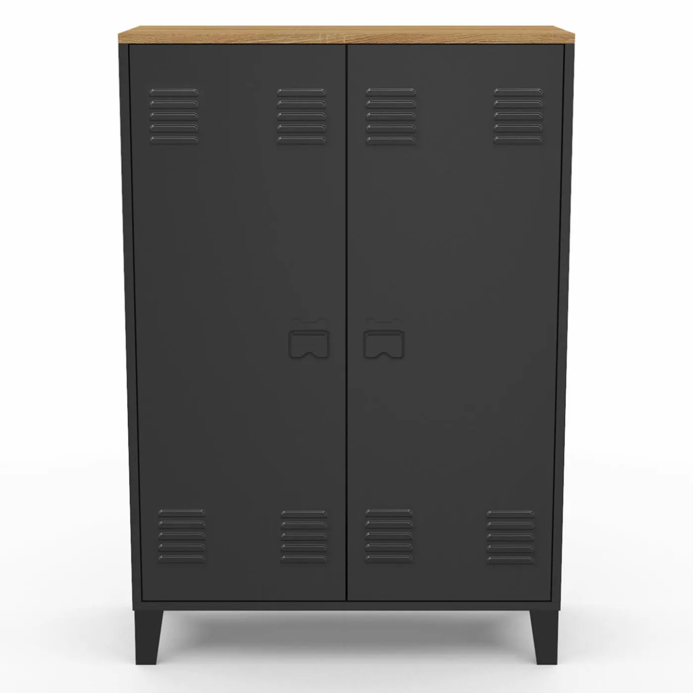 Armoire basse industrielle 2 portes métal noir et plateau bois