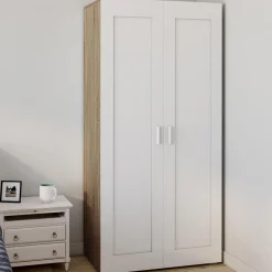 Armoire blanc et bois 2 portes et étagères