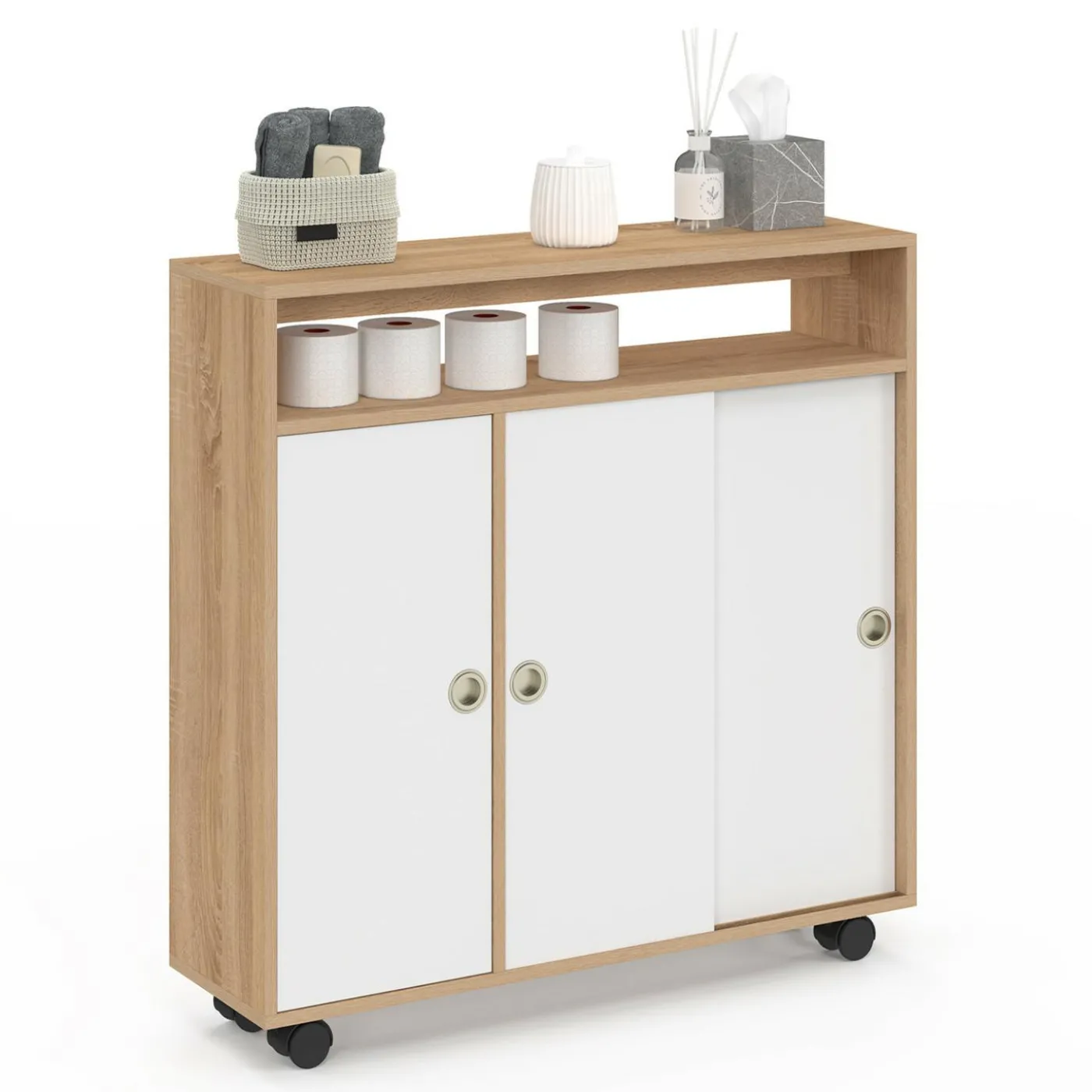 Armoire d'appoint meuble de rangement à roulettes salle de bain structure hêtre plateau blanc