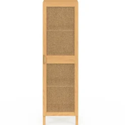 Armoire de rangement 1 porte 3 étagères bois et cannage