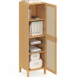 Armoire de rangement 1 porte 3 étagères bois et cannage