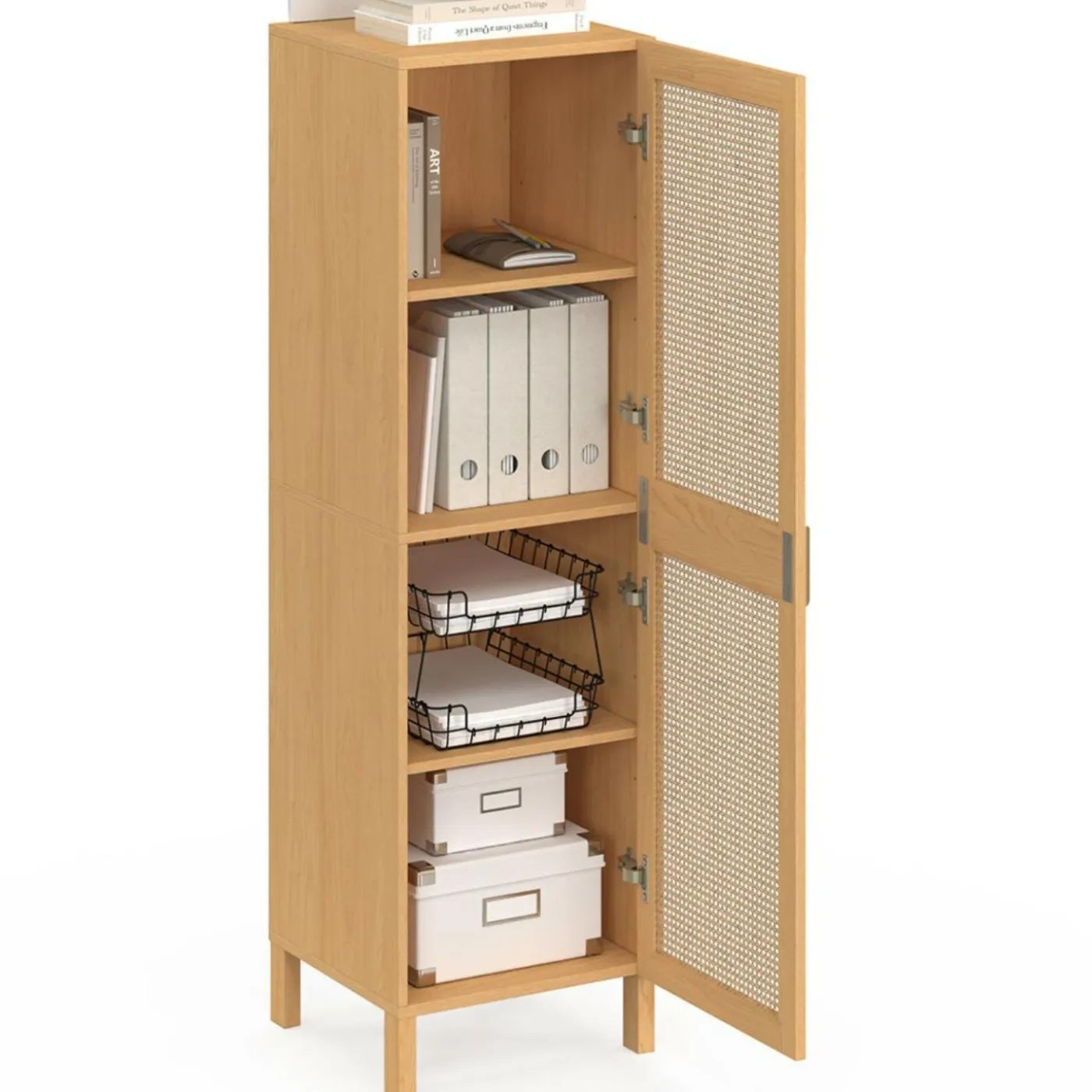 Armoire de rangement 1 porte 3 étagères bois et cannage