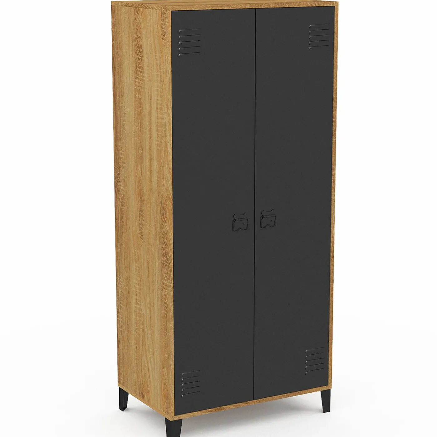 Armoire vestiaire penderie métal noir et bois avec 2 portes