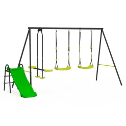 Balançoire 3 agrès portique avec 2 balançoires, 1 face à face et toboggan