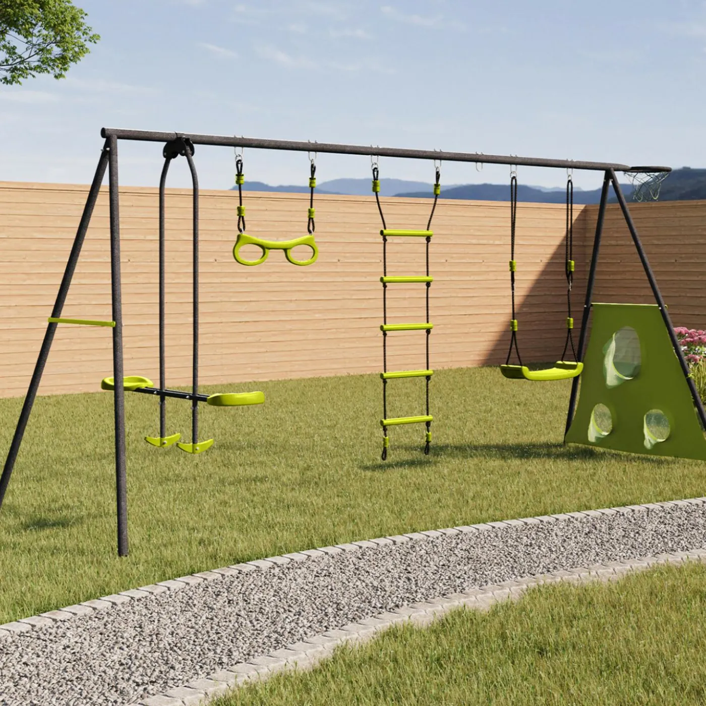 Balançoire 4 portiques pour jardin avec panier de basket et but de foot
