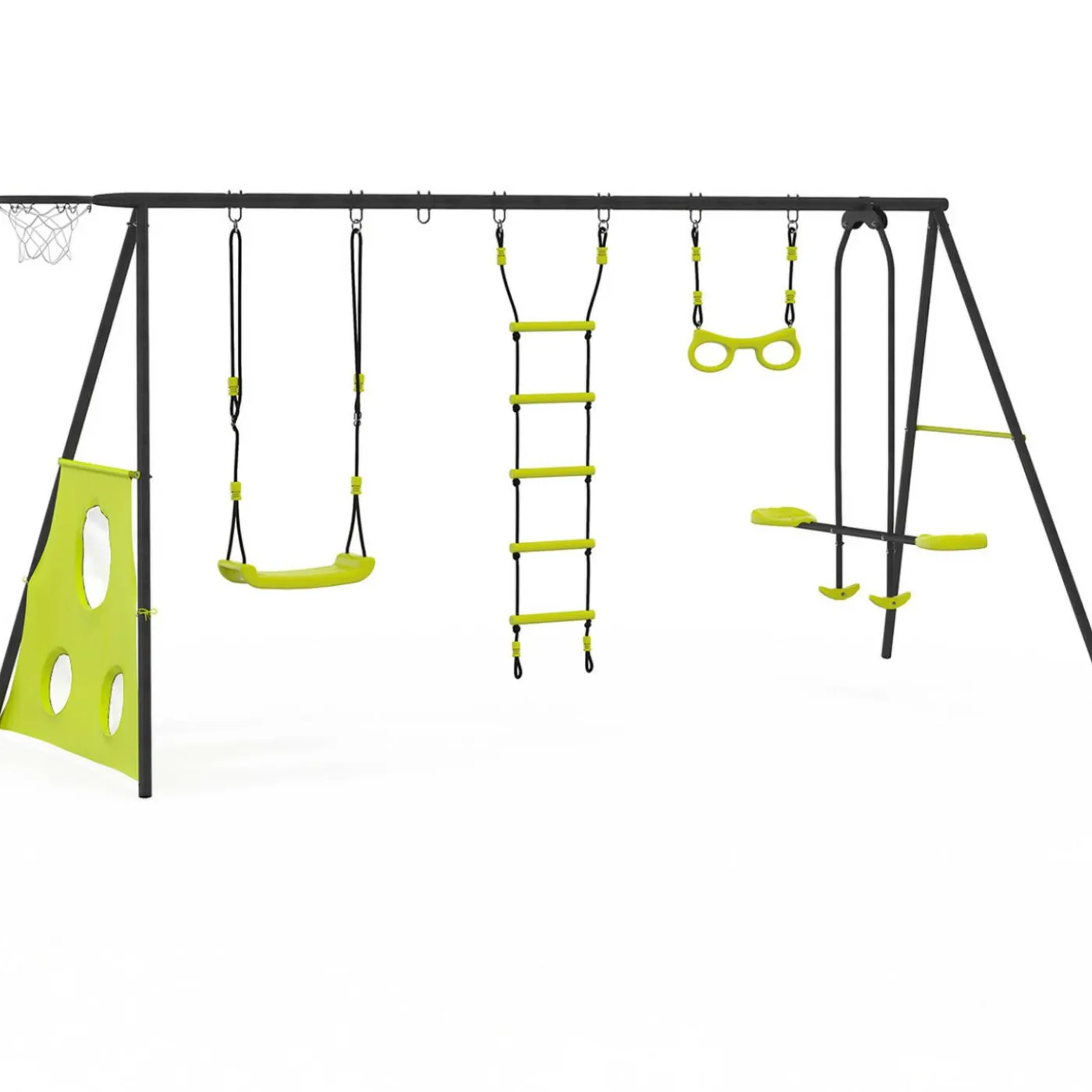 Balançoire 4 portiques pour jardin avec panier de basket et but de foot