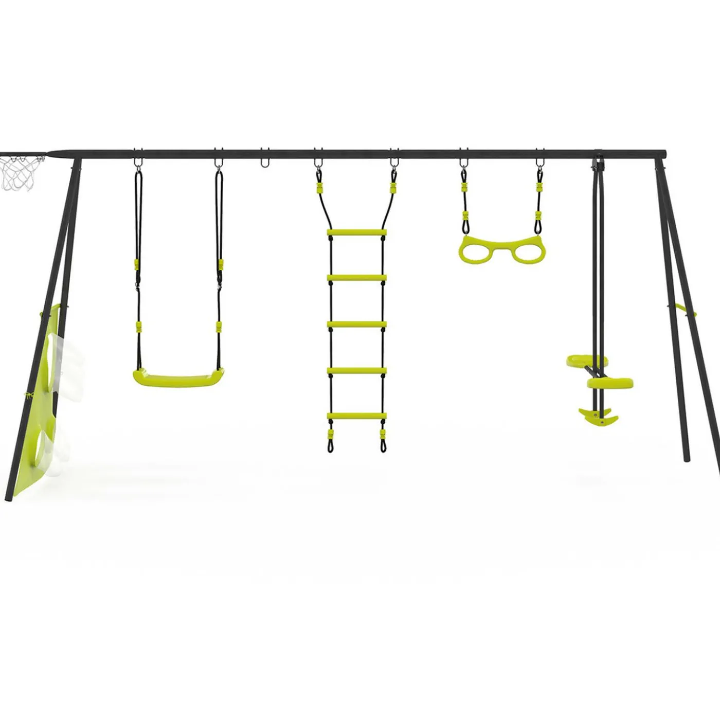 Balançoire 4 portiques pour jardin avec panier de basket et but de foot