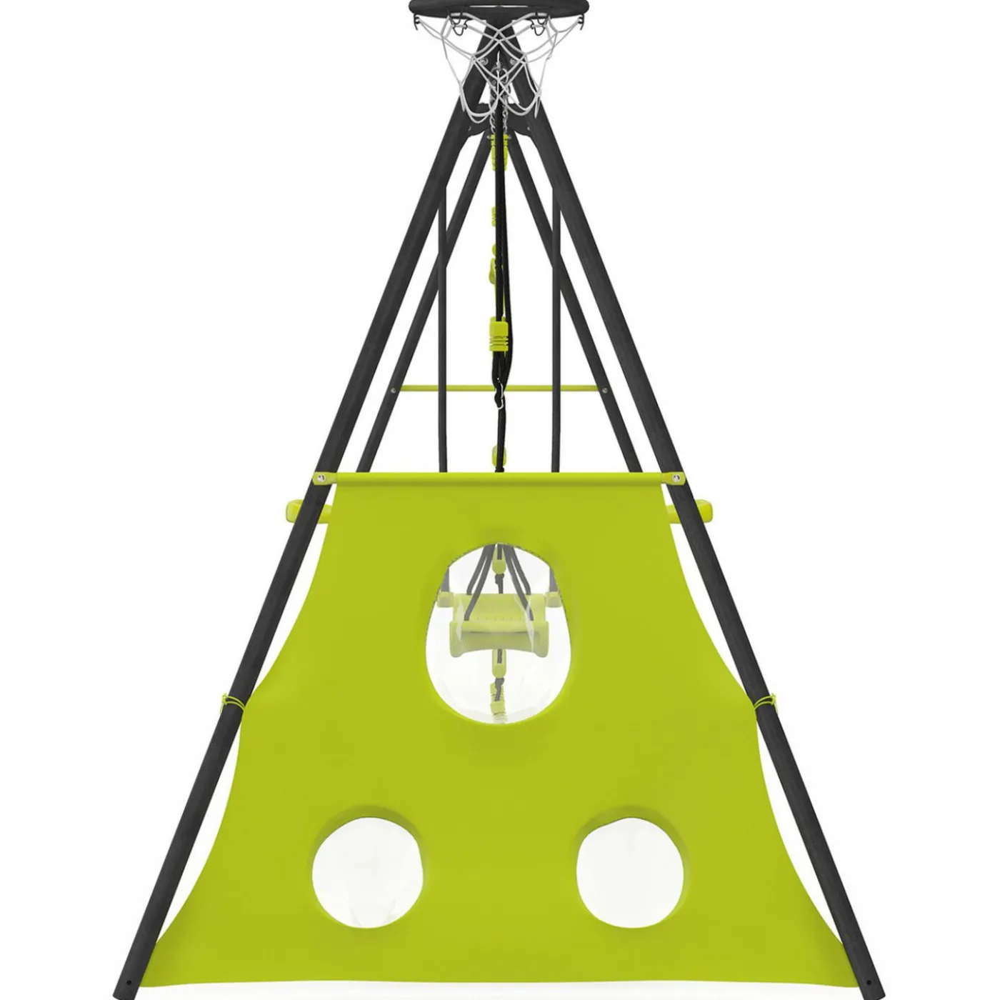 Balançoire 4 portiques pour jardin avec panier de basket et but de foot