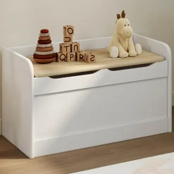 Banc coffre de rangement enfant 60 cm en bois blanc et hêtre