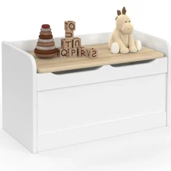 Banc coffre de rangement enfant 60 cm en bois blanc et hêtre
