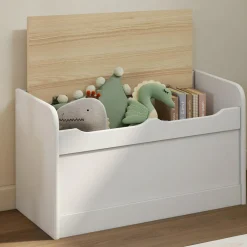 Banc coffre de rangement enfant 60 cm en bois blanc et hêtre