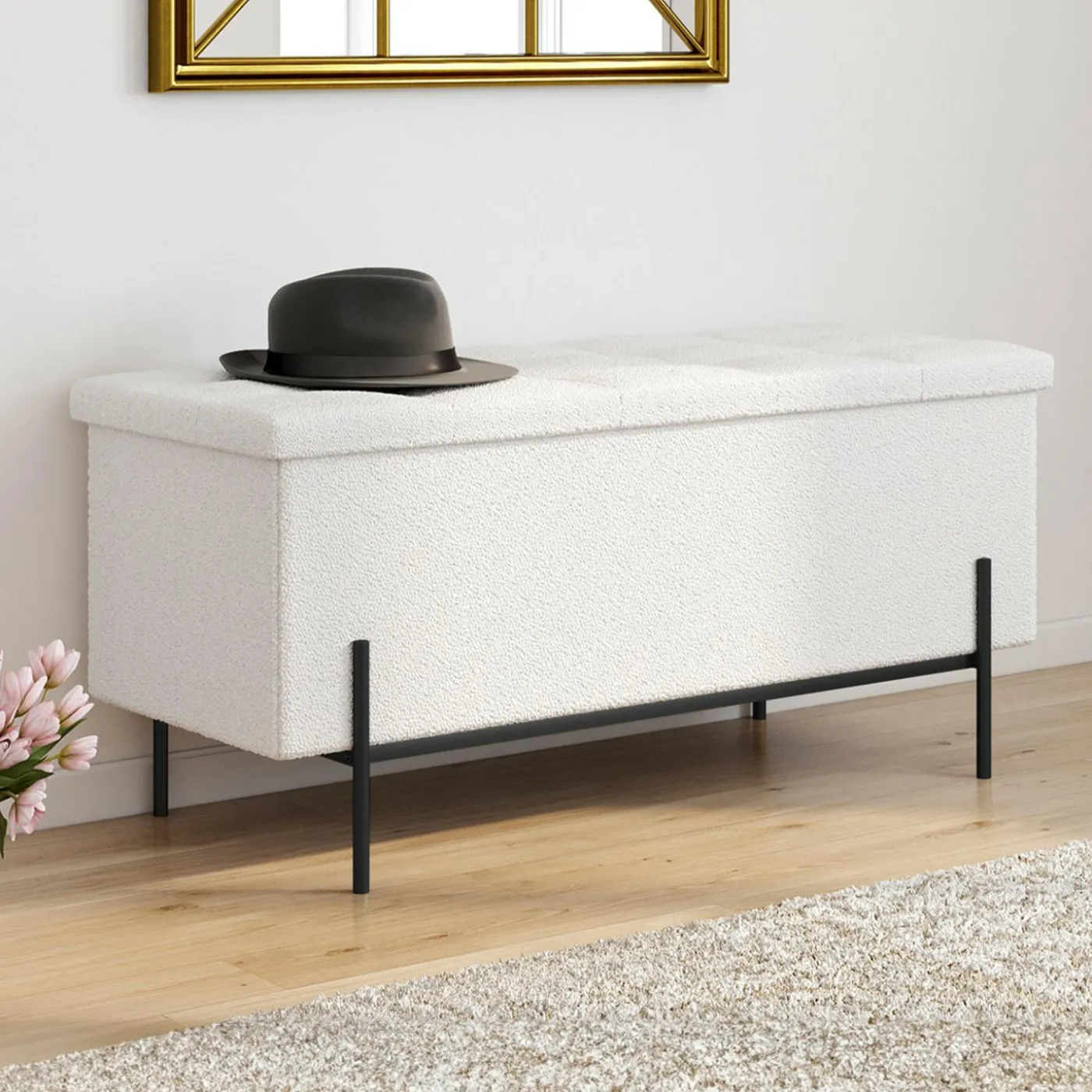Banc coffre rangement pieds métal noir 100 cm tissu bouclette blanc