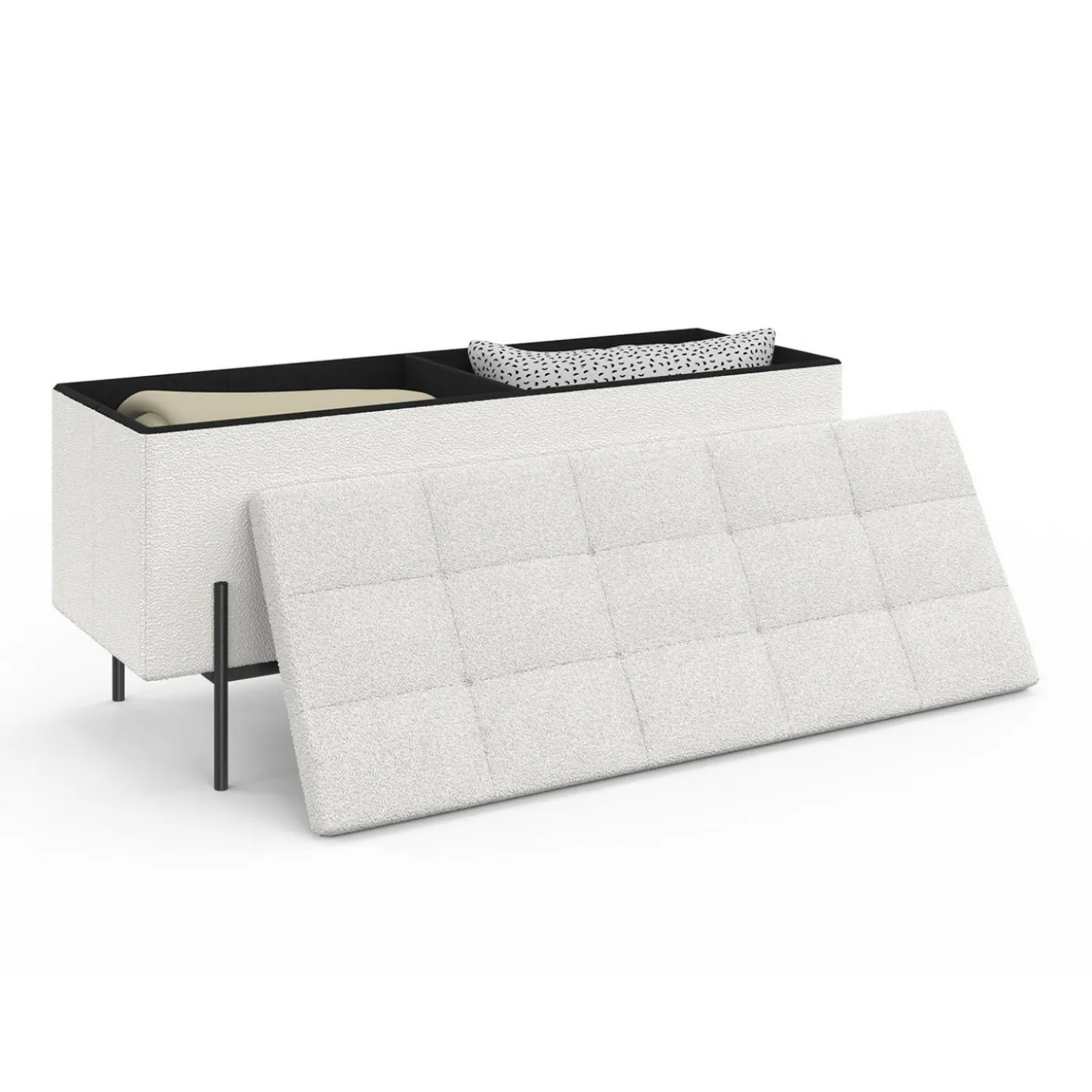 Banc coffre rangement pieds métal noir 100 cm tissu bouclette blanc