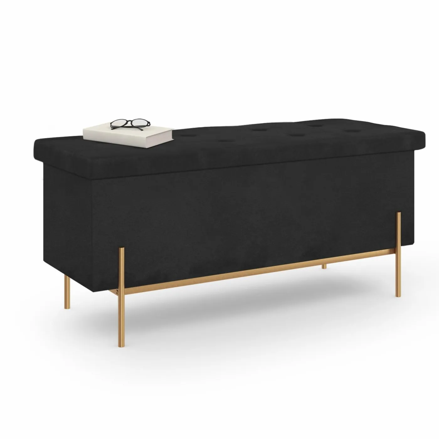 Banc de rangement velours noir avec pieds métal doré 100 cm