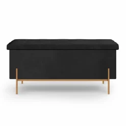 Banc de rangement velours noir avec pieds métal doré 100 cm