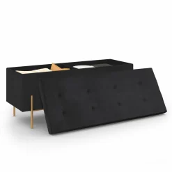Banc de rangement velours noir avec pieds métal doré 100 cm
